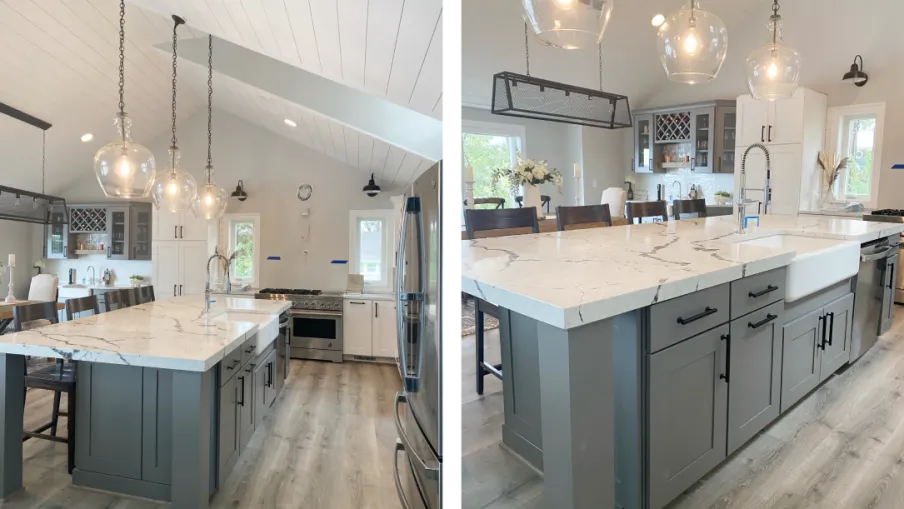 a kitchen with a marble island