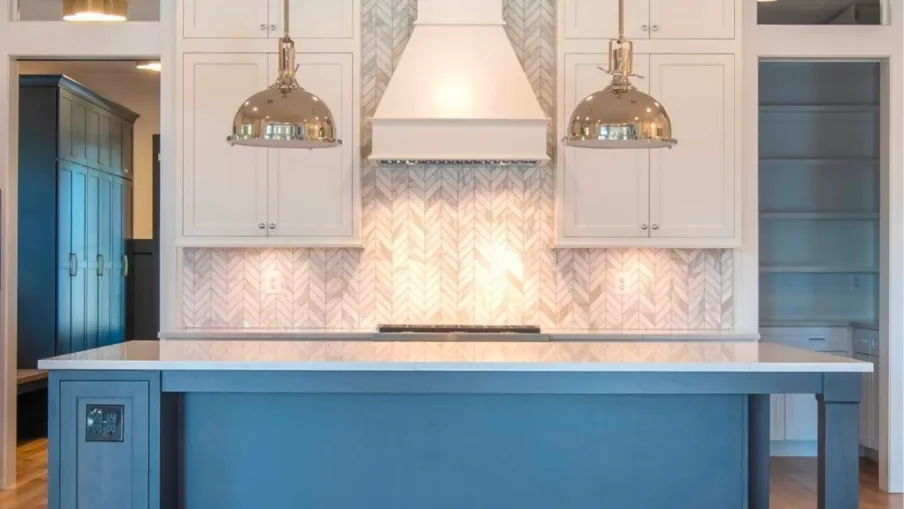 a room with a blue counter and white walls