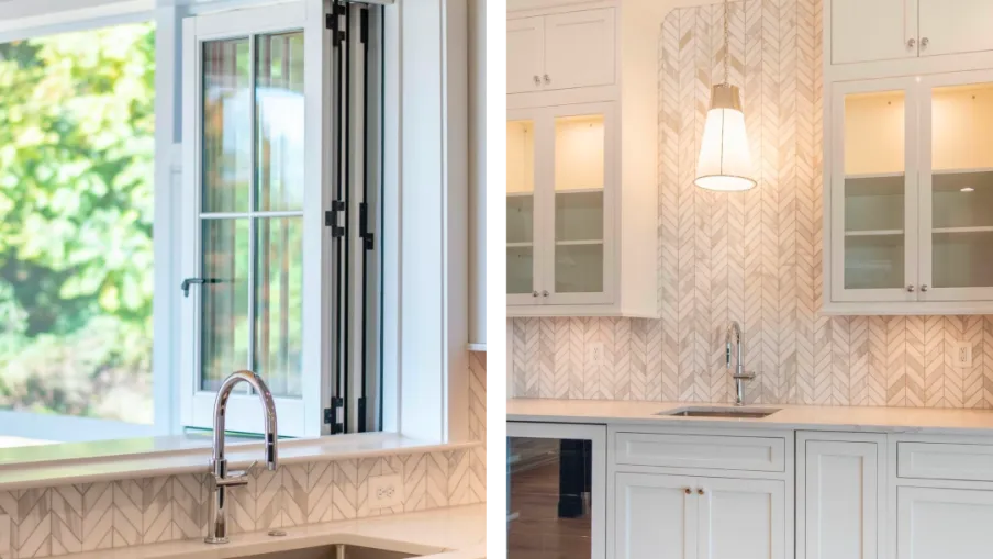 a kitchen with white cabinets