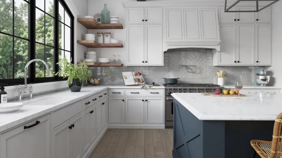 a kitchen with white cabinets