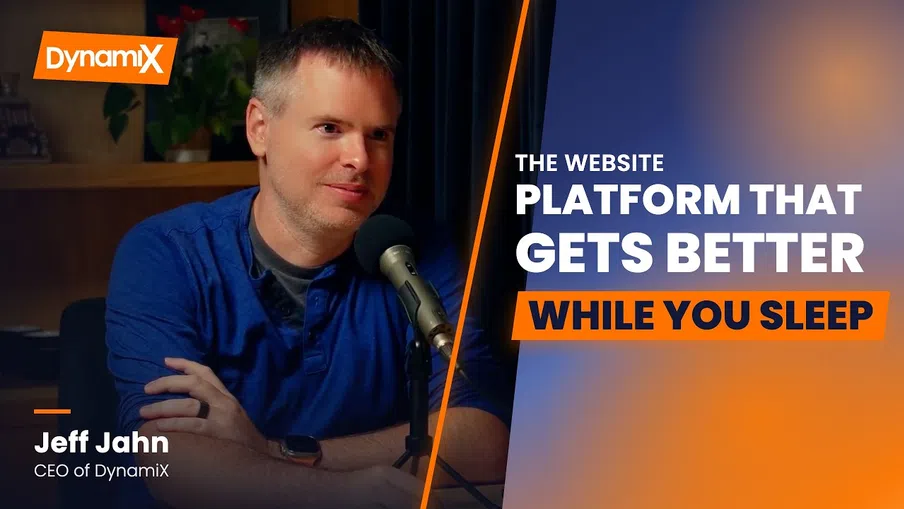 Jeff Jahn, CEO of DynamiX, speaks into a microphone with a tagline about a website platform improving while you sleep.