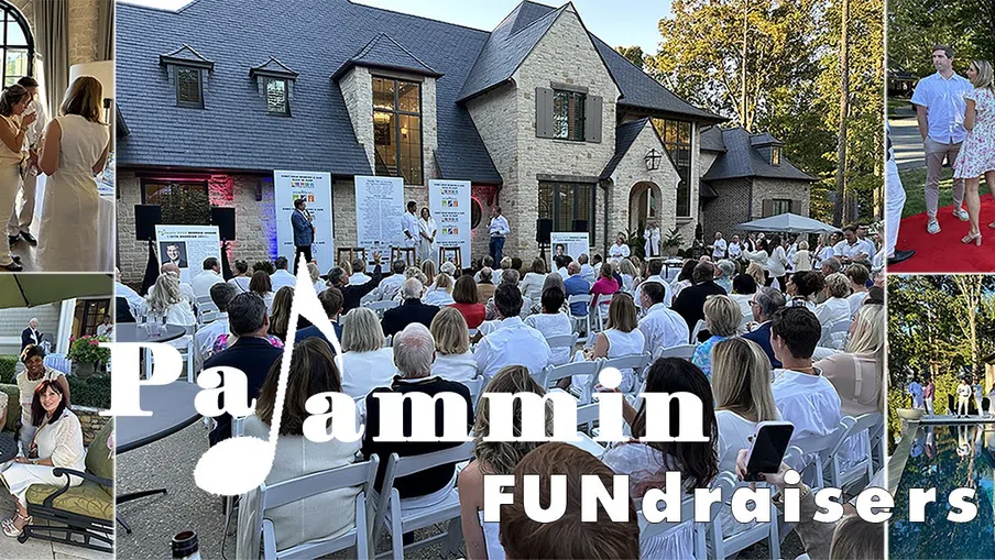 Outdoor fundraising event with crowd, speakers, red carpet, and socializing in a residential setting.