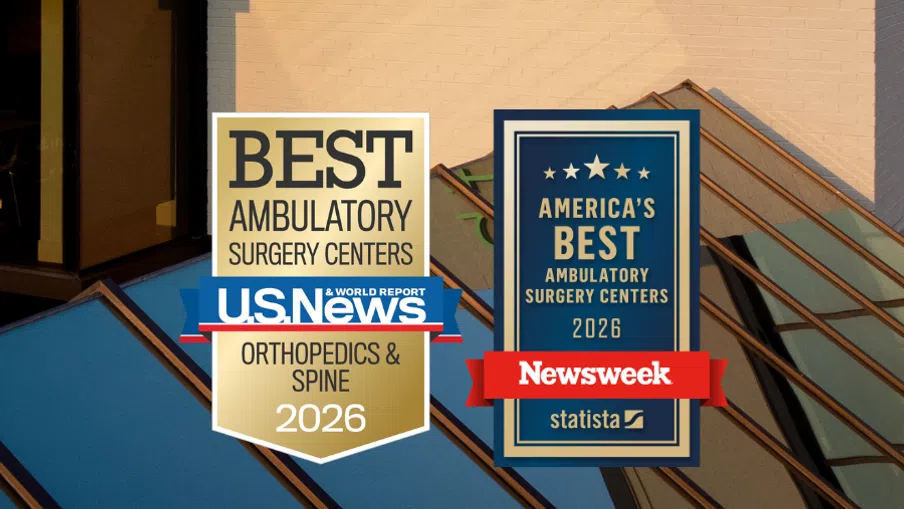 OrthoSouth building with signage and 2026 best ambulatory surgery center awards from U.S. News and Newsweek