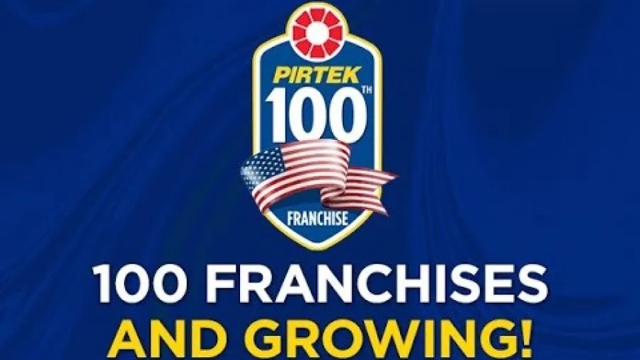 Pirtek celebrates reaching 100 franchises in the United States with a patriotic blue and yellow themed graphic.