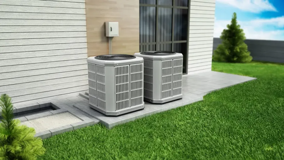 Two outdoor air conditioning units installed on a concrete slab next to a modern house with green lawn.