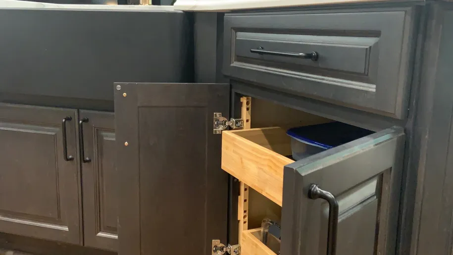 Base cabinets with pullout trays