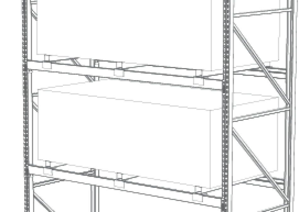 Metal sheet goods rack with multiple storage levels and support beams for organizing large flat materials.