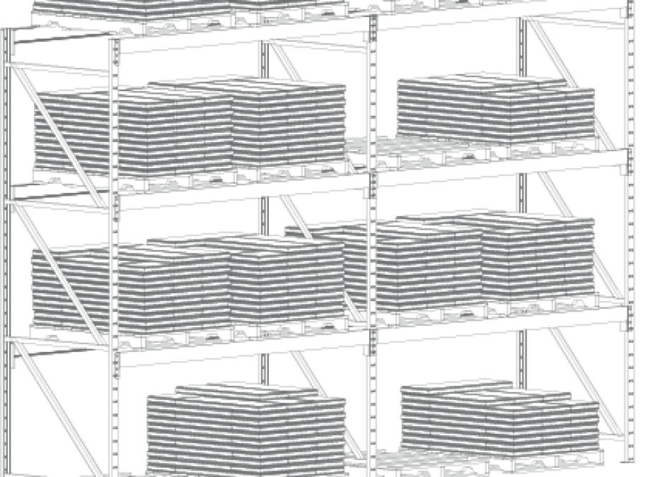 Metal storage rack holding multiple stacks of roofing tiles and bagged goods on shelves