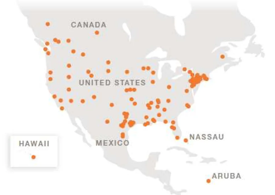 Map of North America with orange dots marking various locations across the US, Canada, Mexico, and surrounding areas.