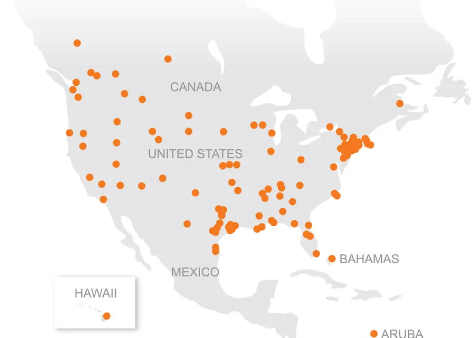 Map of North America with orange dots marking various locations across the United States, Canada, Mexico, and nearby islands.