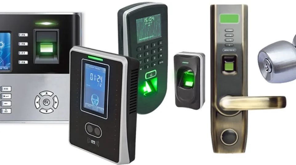 Various electronic access control devices including biometric fingerprint scanners and digital locks against white background.