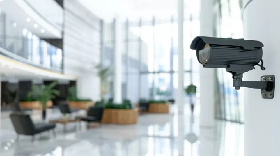 Black security camera mounted on white wall overlooking modern office lobby with seating and large windows