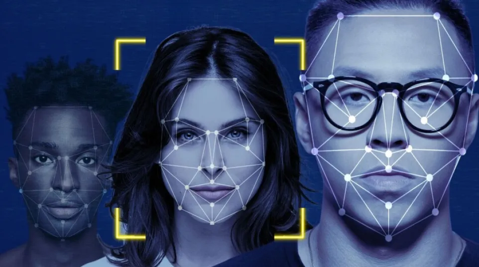 Three diverse individuals with facial recognition patterns overlayed on their faces against a blue background.