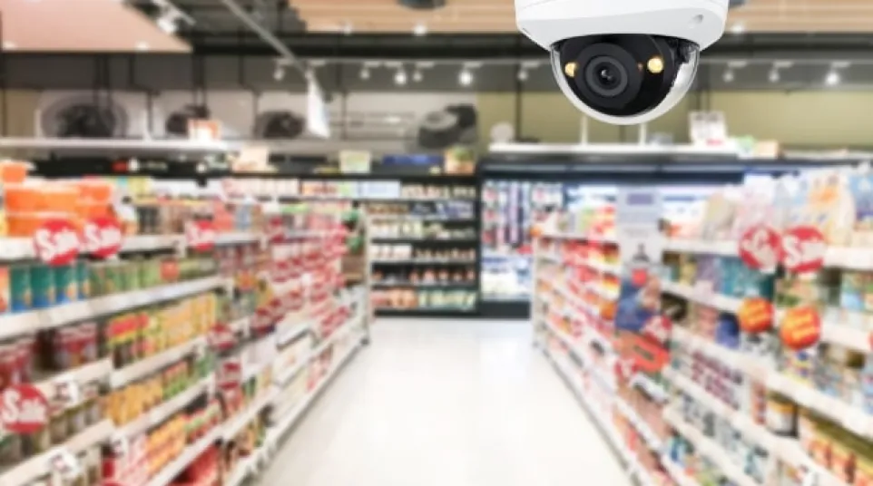 Security camera monitoring the aisles of a brightly lit grocery store with stocked shelves.