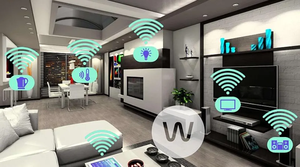 Modern living room with smart home technology icons indicating control of lighting, temperature, entertainment, and appliances.