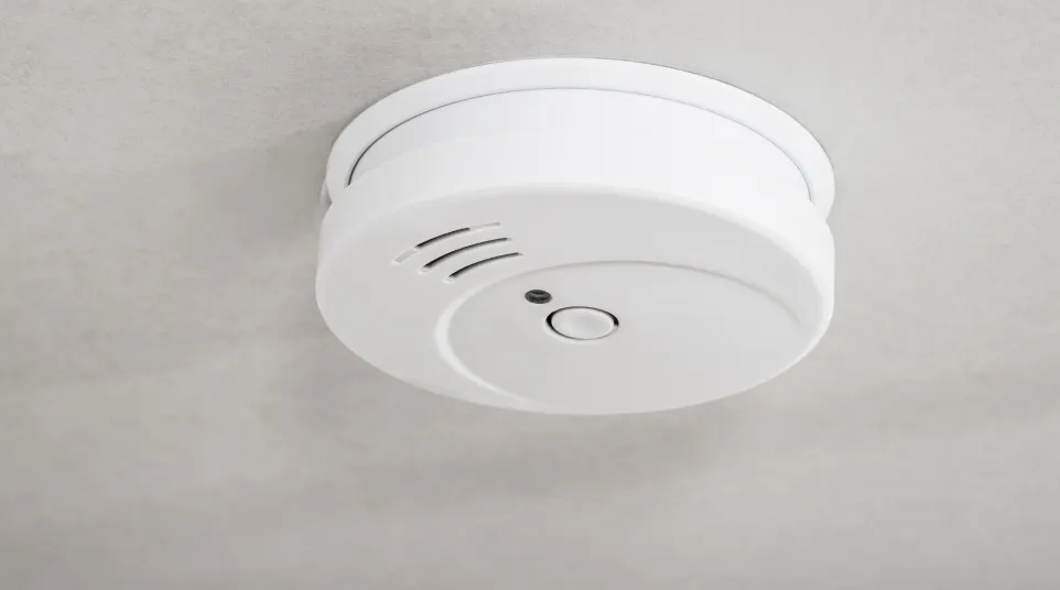 White smoke detector mounted on a ceiling with a test button and ventilation openings