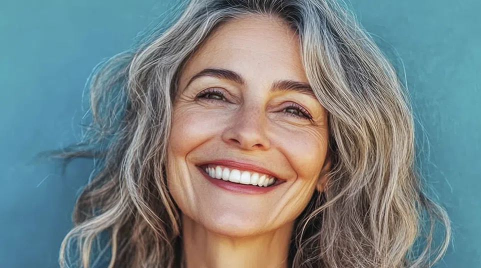 Smiling mature woman with gray wavy hair wearing an orange top against a teal background.