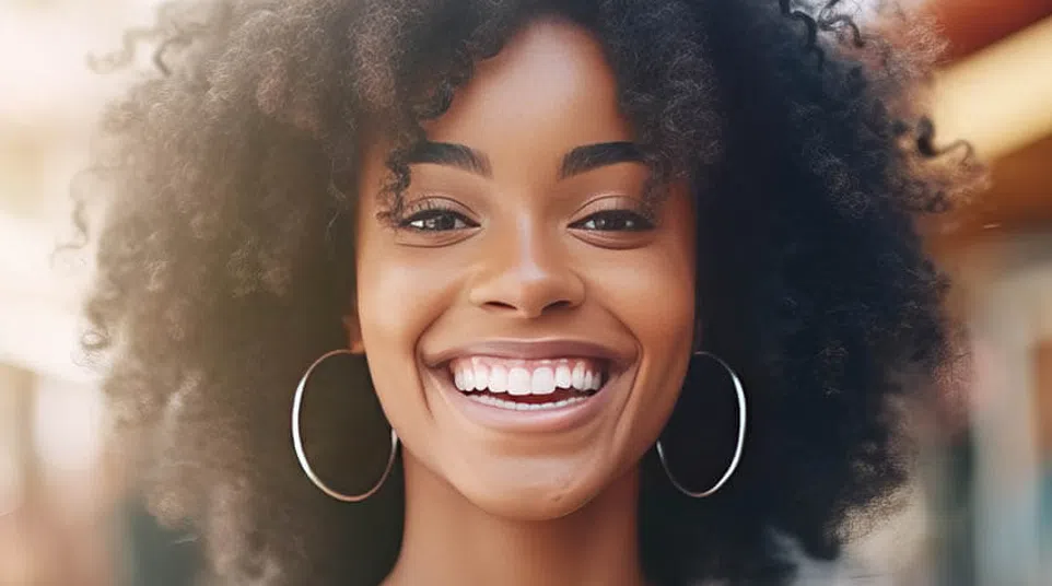 Smiling young woman with natural curly hair wearing hoop earrings and denim overalls outdoors.