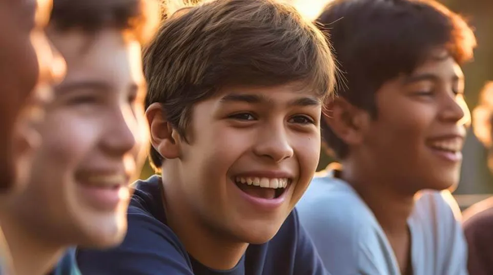 a woman smiling with her hand on her chin