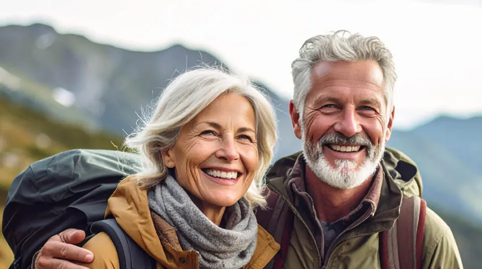 Smiling elderly couple wearing backpacks and jackets hiking in mountainous terrain with scenic background.