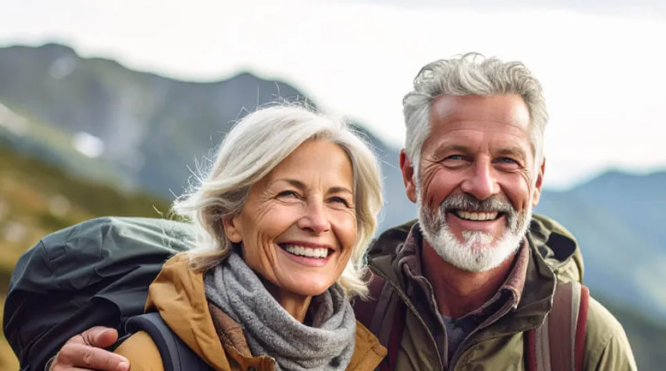 Smiling senior couple hiking outdoors wearing backpacks and jackets with mountains in the background