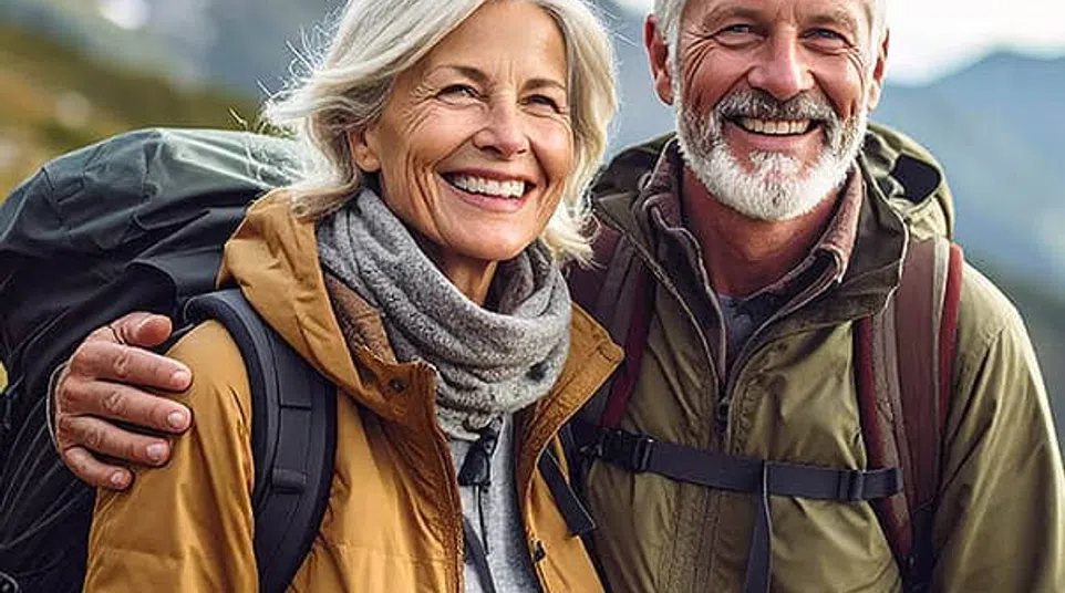 Smiling senior couple hiking outdoors wearing backpacks and jackets with mountains in the background