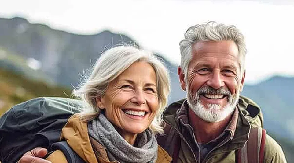Smiling senior couple hiking outdoors wearing backpacks and jackets with mountains in the background