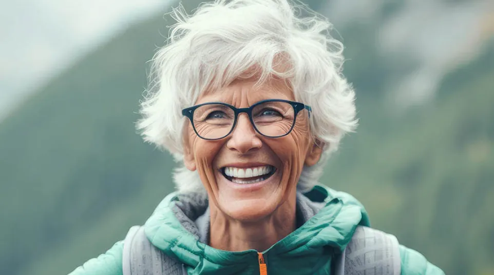 Smiling elderly woman with white hair and glasses wearing a green jacket and backpack in a mountain setting.