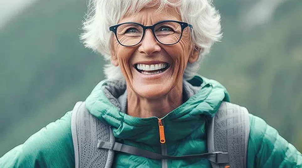 Smiling elderly woman with white hair and glasses wearing a green jacket and backpack in a mountain setting.