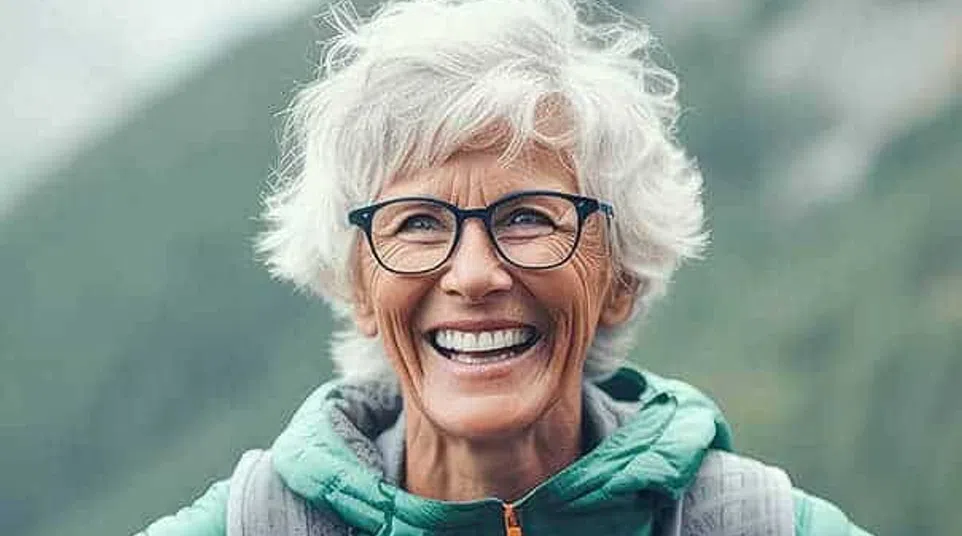 Smiling elderly woman with white hair and glasses wearing a green jacket and backpack in a mountain setting.