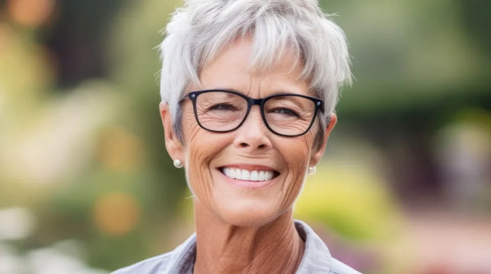 Smiling older woman with short white hair and glasses wearing a light gray shirt outdoors in soft focus background