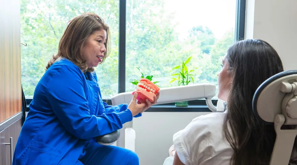 Dentist in blue scrubs explaining dental care using a teeth model to patient in dental chair near a window.