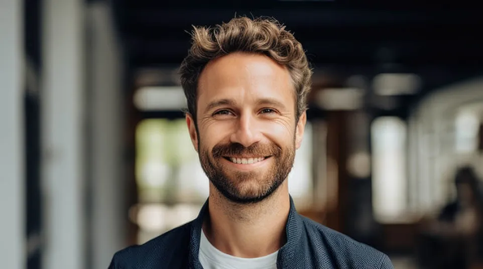 Smiling man in a modern office setting, wearing a casual jacket and t-shirt.