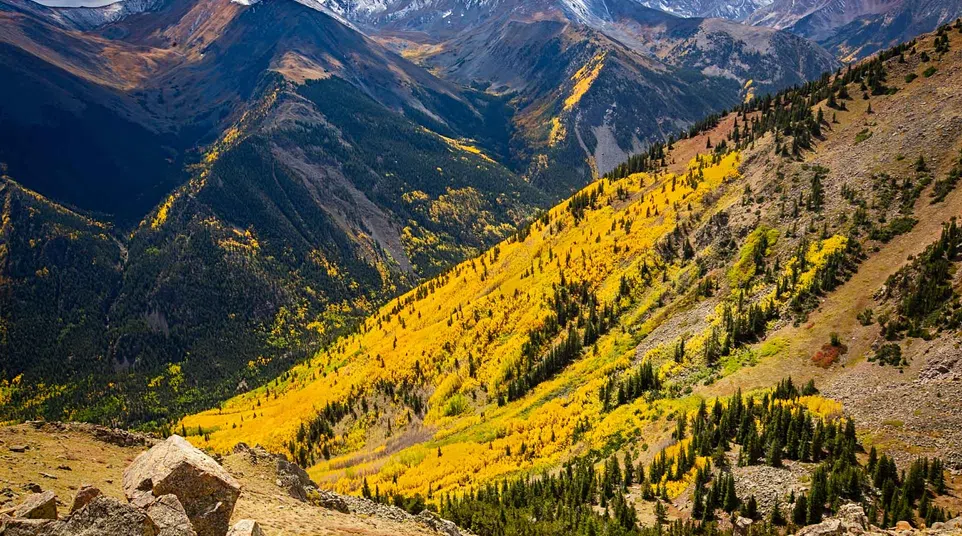 Mountain landscape with yellow autumn trees on slopes and snow-capped peaks under cloudy sky.