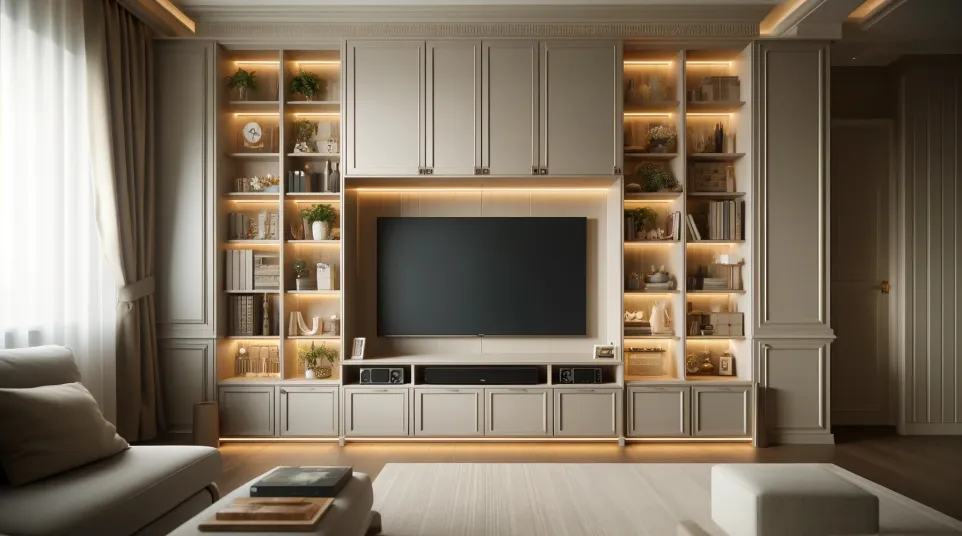 a living room with a tv and white cabinets