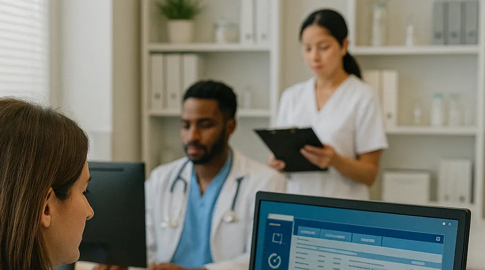 Medical staff working on computers and reviewing charts in a bright healthcare office environment.