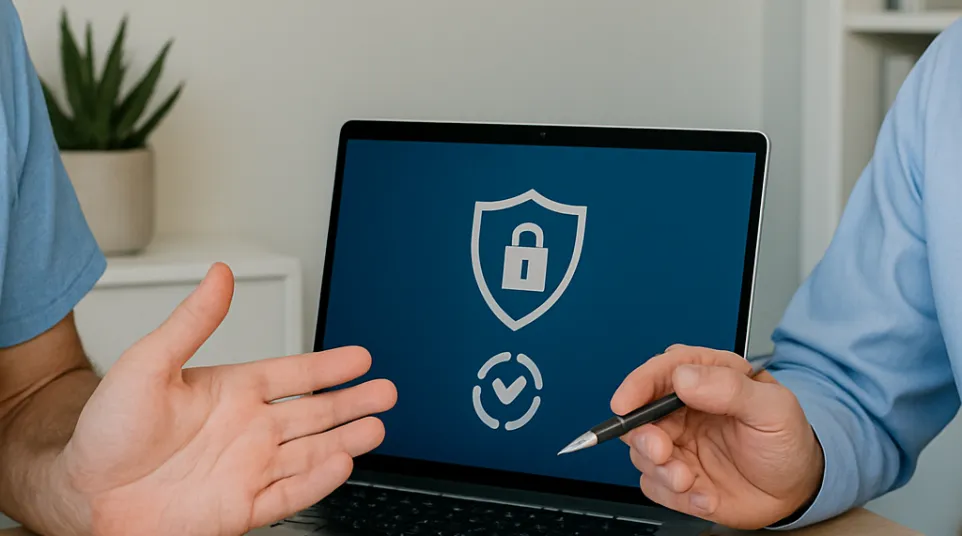 Two people discussing health data security with a laptop and paper showing a lock shield symbol.