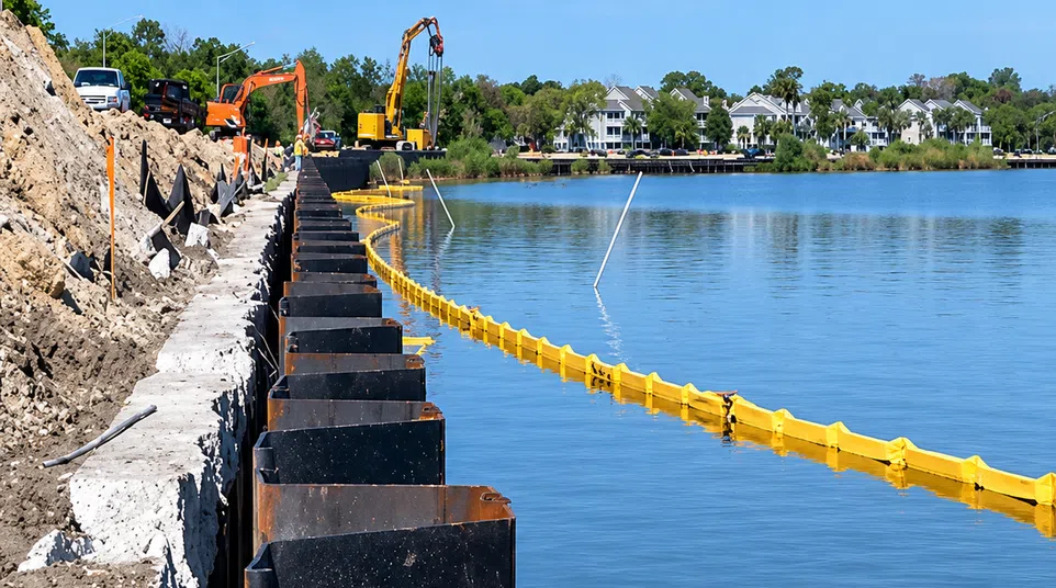 Construction site along waterfront with steel sheet piling and yellow floating barrier in water near residential area