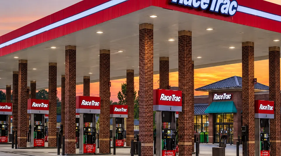 RaceTrac gas station with multiple fuel pumps and canopy at sunset under a colorful sky.