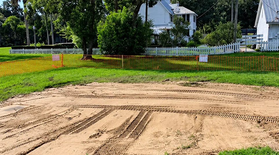 Cleared sandy area with tire tracks surrounded by green grass and orange safety fencing near white houses and trees.