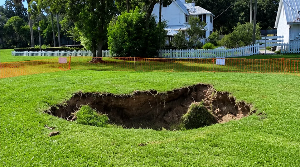 Large sinkhole in grassy area surrounded by orange safety fencing near white houses and trees.
