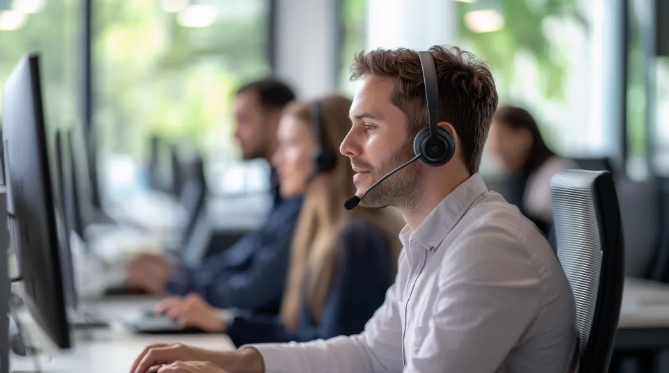 Professional support team member assisting clients at modern office setup with headsets.