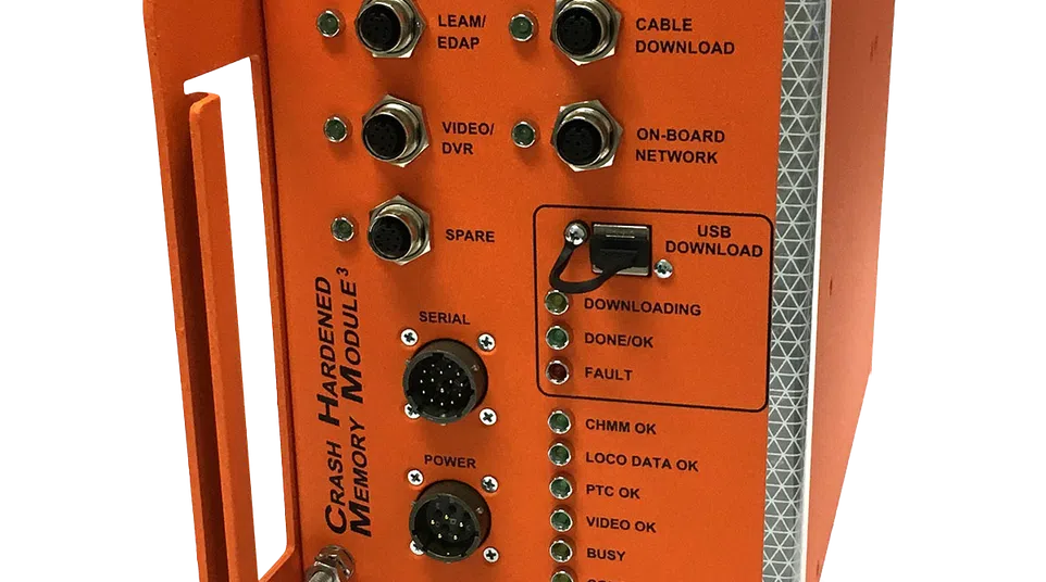 Orange crash hardened memory module with multiple Ethernet ports and LED indicators for status and data.