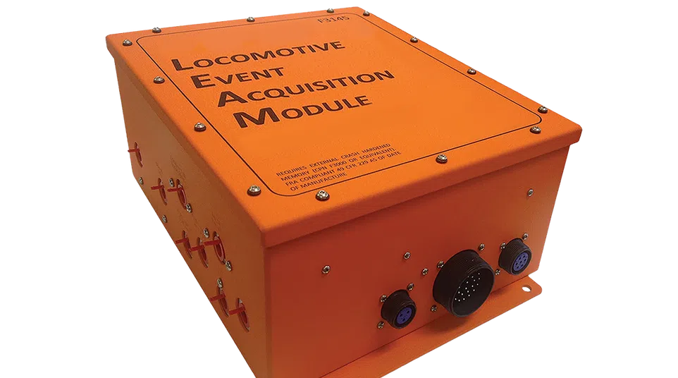 Orange Locomotive Event Acquisition Module with multiple connectors and screws on a black background