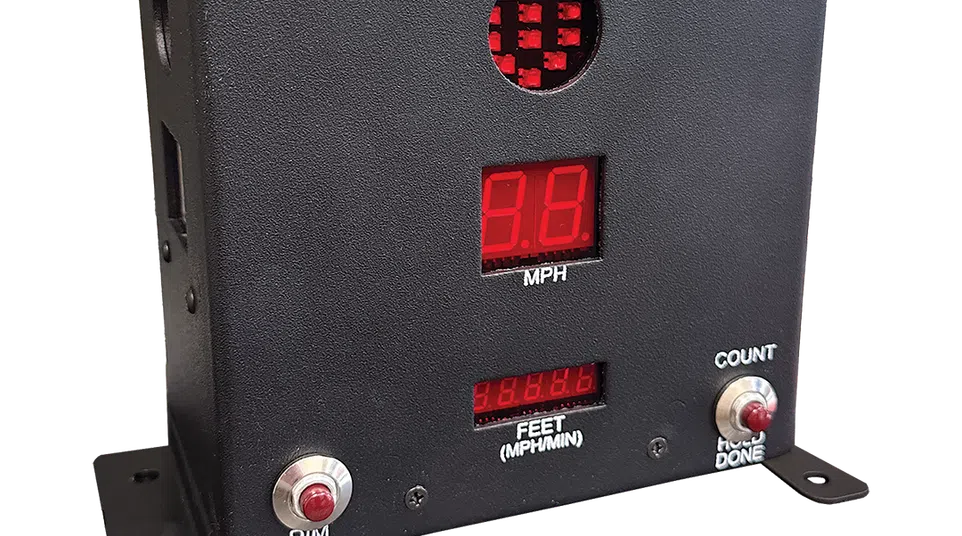Black Bohrelectronics alerter device with red LED displays showing speed and distance, buttons for dim and count.