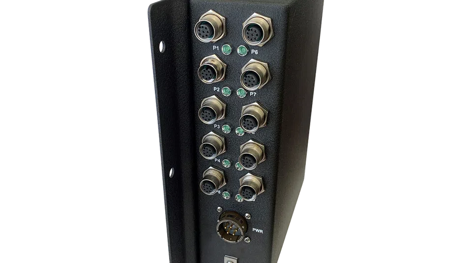 Black industrial electronic device with multiple circular connector ports and status LEDs on metal panel.