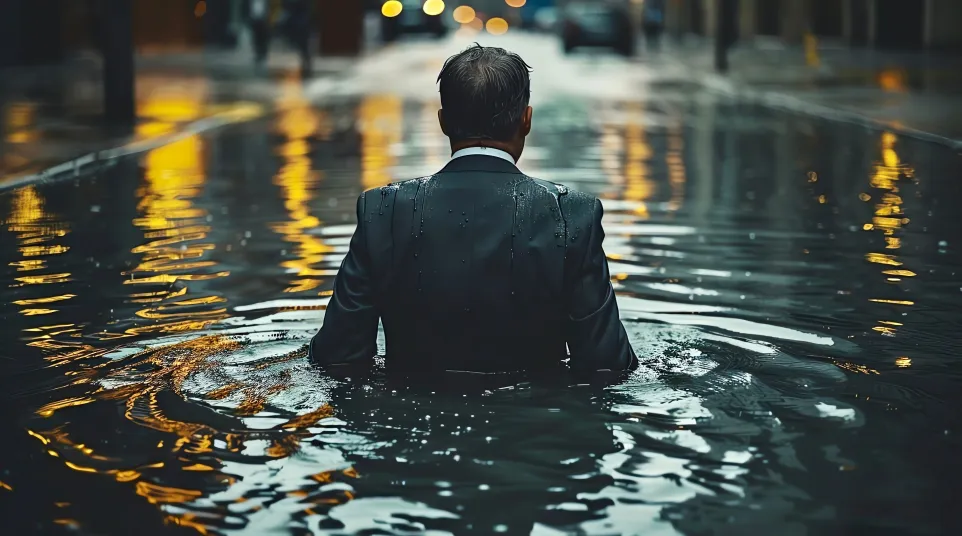 Man in a business suit wading through flooded urban street at night with city lights reflecting on water surface