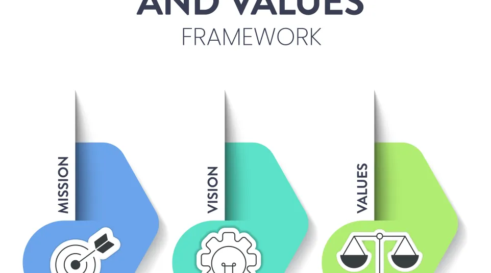 Illustration of mission, vision, and values framework with target, lightbulb, and scales icons