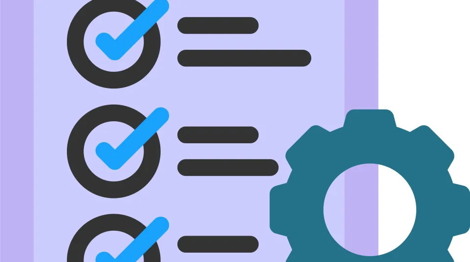 Checklist with blue check marks and a gear icon on a purple document representing task management or settings.