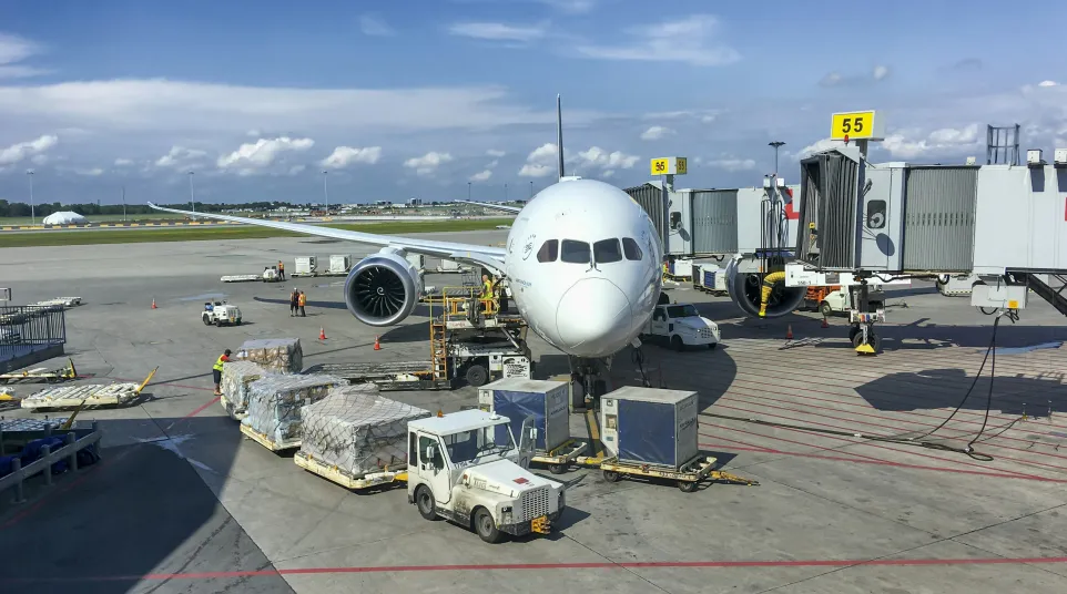 Large white airplane parked at airport gate 55 with cargo being loaded on a bright sunny day.